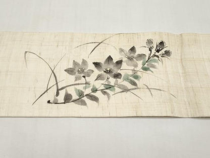 平和屋着物＊夏物　九寸名古屋帯　手描き　枝花文　麻　逸品　CABJ5752tx