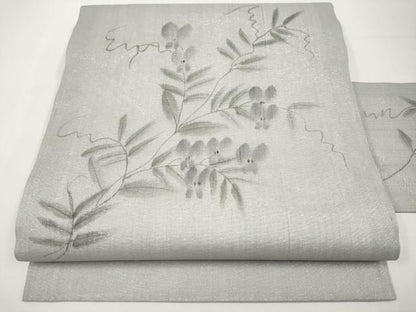 平和屋着物＊夏物　九寸名古屋帯　作家物　手描き　枝花文　銀通し地　正絹　逸品　未使用　CABJ5761tx