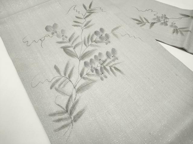 平和屋着物＊夏物　九寸名古屋帯　作家物　手描き　枝花文　銀通し地　正絹　逸品　未使用　CABJ5761tx
