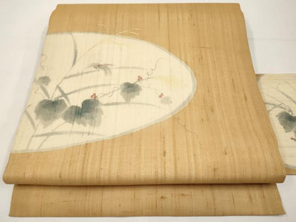 平和屋着物＊夏物　九寸名古屋帯　手描き　紬地　トンボ　葡萄蔦の葉文　正絹　逸品　CABJ5771tx