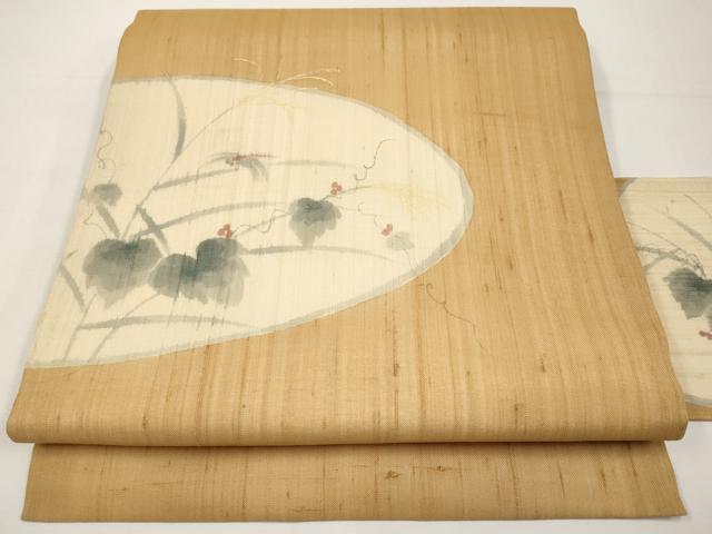 平和屋着物＊夏物　九寸名古屋帯　手描き　紬地　トンボ　葡萄蔦の葉文　正絹　逸品　CABJ5771tx