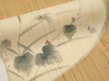 平和屋着物＊夏物　九寸名古屋帯　手描き　紬地　トンボ　葡萄蔦の葉文　正絹　逸品　CABJ5771tx