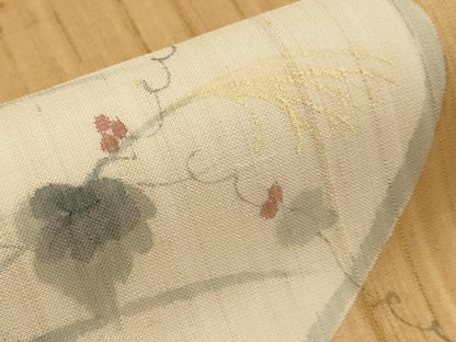 平和屋着物＊夏物　九寸名古屋帯　手描き　紬地　トンボ　葡萄蔦の葉文　正絹　逸品　CABJ5771tx