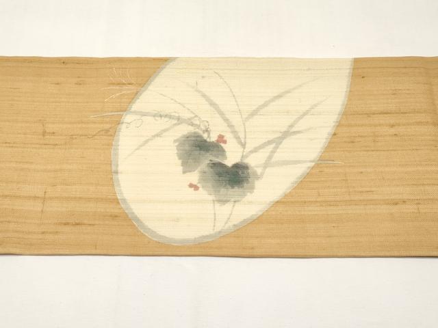 平和屋着物＊夏物　九寸名古屋帯　手描き　紬地　トンボ　葡萄蔦の葉文　正絹　逸品　CABJ5771tx