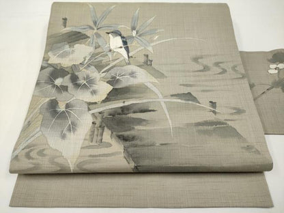 平和屋着物＊夏物　二代目清次郎　手描き　九寸名古屋帯　休み鳥　麻　逸品　CABJ5772tx