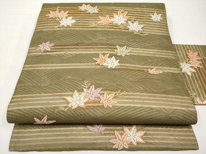 平和屋着物＊夏物　九寸名古屋帯　唐織　楓文　金糸　正絹　逸品　CABJ5779tx