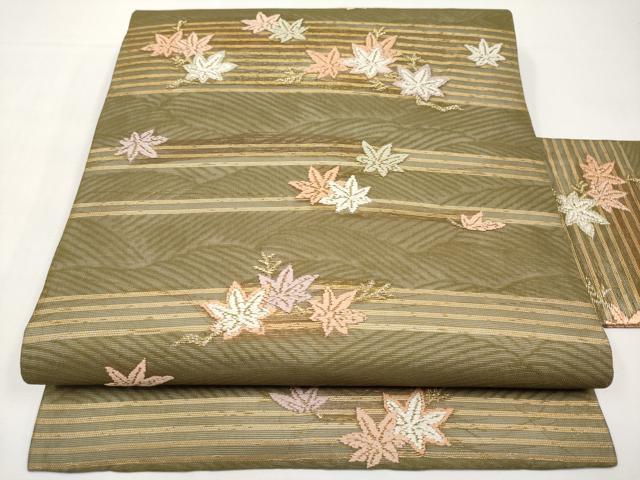平和屋着物＊夏物　九寸名古屋帯　唐織　楓文　金糸　正絹　逸品　CABJ5779tx