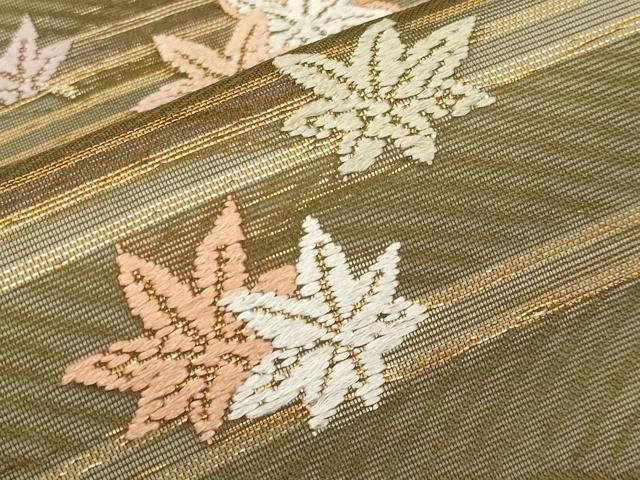 平和屋着物＊夏物　九寸名古屋帯　唐織　楓文　金糸　正絹　逸品　CABJ5779tx
