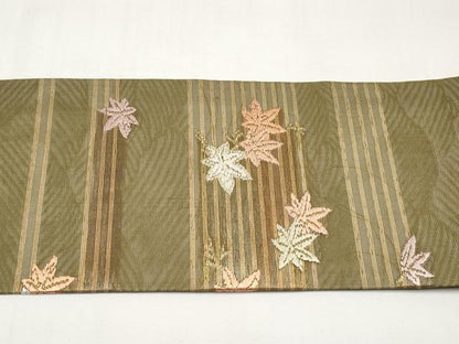 平和屋着物＊夏物　九寸名古屋帯　唐織　楓文　金糸　正絹　逸品　CABJ5779tx