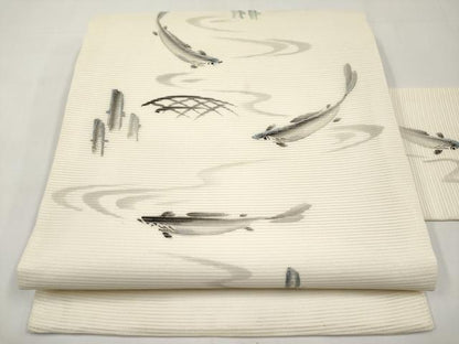 平和屋着物＊夏物　九寸名古屋帯　作家物　手描き　刺繍　鮎　正絹　逸品　CABJ5780tx