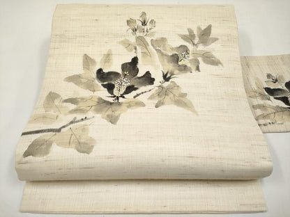 平和屋着物＊夏物　九寸名古屋帯　手描き　枝花文　麻　逸品　CABJ5796tx