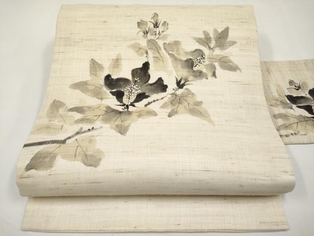 平和屋着物＊夏物　九寸名古屋帯　手描き　枝花文　麻　逸品　CABJ5796tx