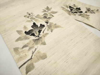 平和屋着物＊夏物　九寸名古屋帯　手描き　枝花文　麻　逸品　CABJ5796tx