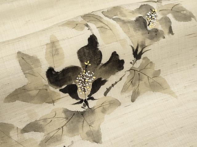 平和屋着物＊夏物　九寸名古屋帯　手描き　枝花文　麻　逸品　CABJ5796tx