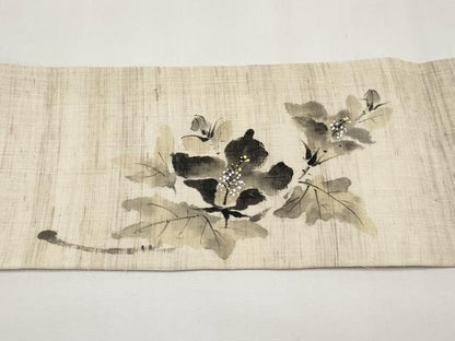 平和屋着物＊夏物　九寸名古屋帯　手描き　枝花文　麻　逸品　CABJ5796tx