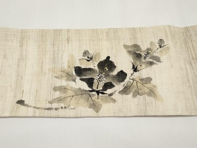 平和屋着物＊夏物　九寸名古屋帯　手描き　枝花文　麻　逸品　CABJ5796tx