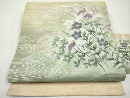平和屋着物＊夏物　九寸名古屋帯　手描き　流水秋草文　銀彩　麻　逸品　CABJ5800tx