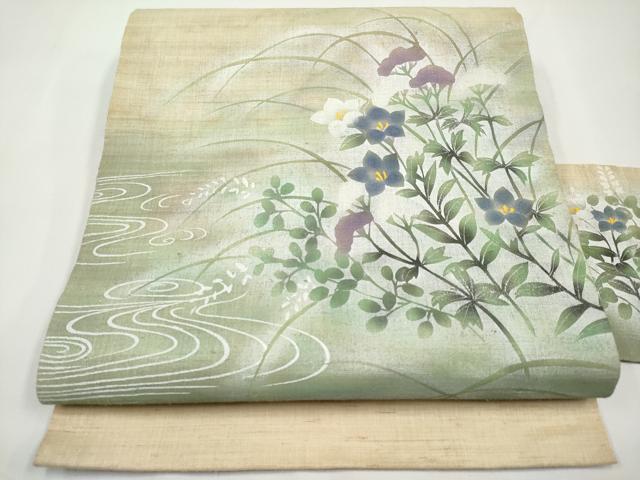 平和屋着物＊夏物　九寸名古屋帯　手描き　流水秋草文　銀彩　麻　逸品　CABJ5800tx