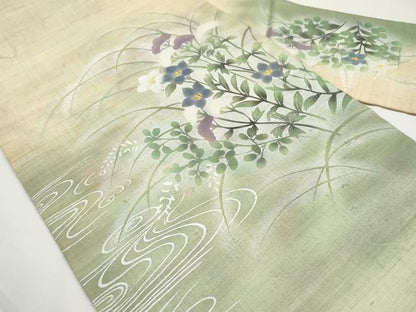 平和屋着物＊夏物　九寸名古屋帯　手描き　流水秋草文　銀彩　麻　逸品　CABJ5800tx