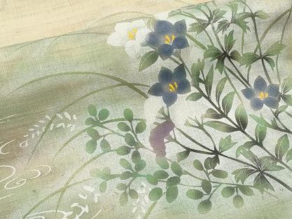 平和屋着物＊夏物　九寸名古屋帯　手描き　流水秋草文　銀彩　麻　逸品　CABJ5800tx