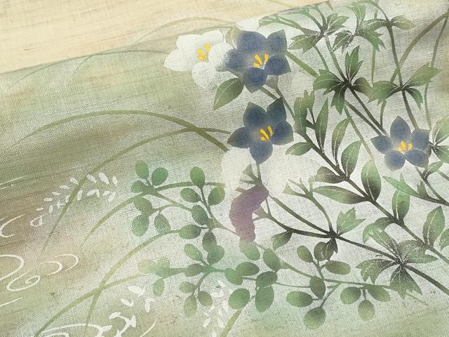 平和屋着物＊夏物　九寸名古屋帯　手描き　流水秋草文　銀彩　麻　逸品　CABJ5800tx