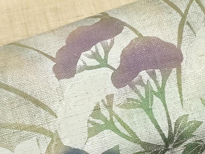 平和屋着物＊夏物　九寸名古屋帯　手描き　流水秋草文　銀彩　麻　逸品　CABJ5800tx