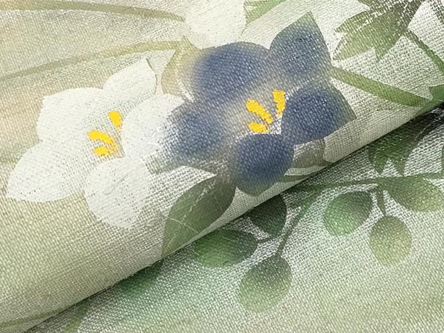 平和屋着物＊夏物　九寸名古屋帯　手描き　流水秋草文　銀彩　麻　逸品　CABJ5800tx