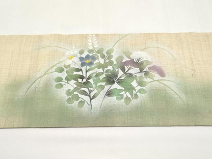 平和屋着物＊夏物　九寸名古屋帯　手描き　流水秋草文　銀彩　麻　逸品　CABJ5800tx