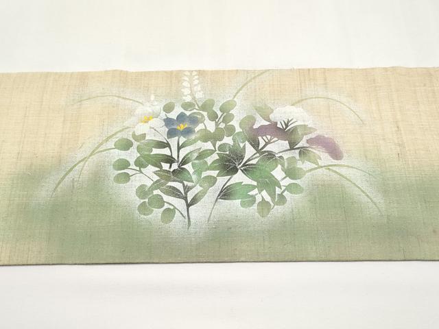 平和屋着物＊夏物　九寸名古屋帯　手描き　流水秋草文　銀彩　麻　逸品　CABJ5800tx