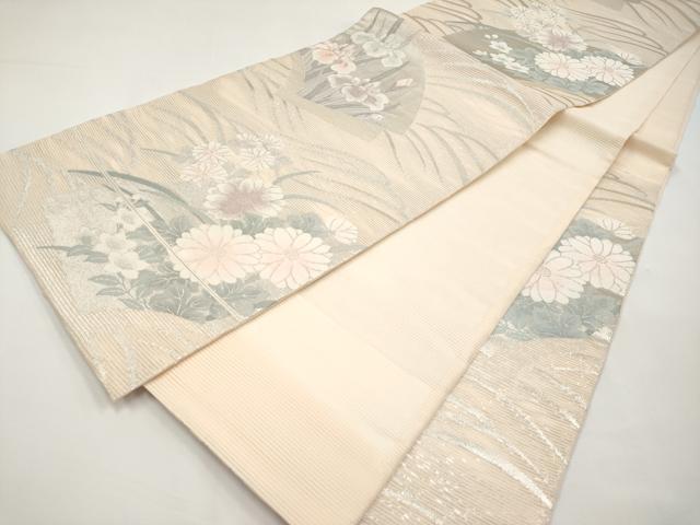 平和屋着物＊夏物　六通柄袋帯　地紙草花文　銀糸　正絹　逸品　CABJ5812tx