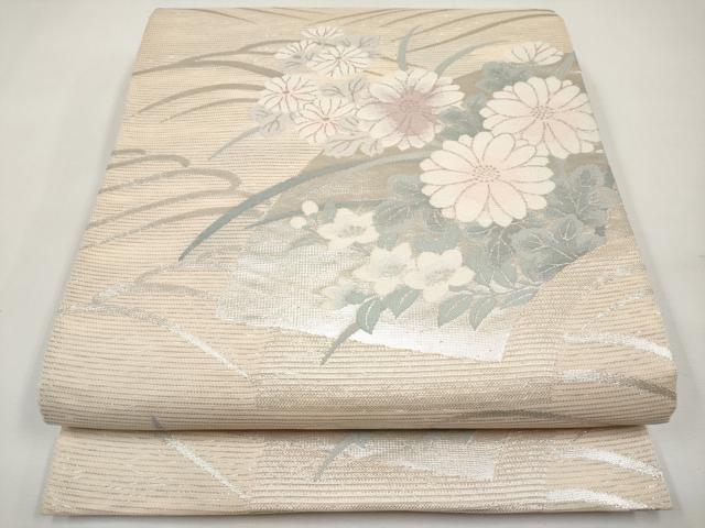 平和屋着物＊夏物　六通柄袋帯　地紙草花文　銀糸　正絹　逸品　CABJ5812tx
