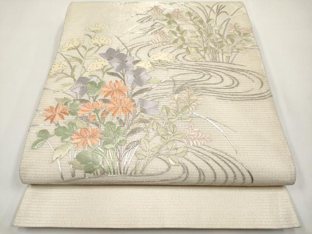 平和屋着物＊夏物　銀座ちた和　太鼓柄袋帯　総刺繍　駒刺繍　流水秋草文　銀糸　たとう紙付き　正絹　逸品　CABJ5818tx