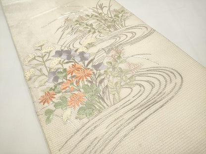 平和屋着物＊夏物　銀座ちた和　太鼓柄袋帯　総刺繍　駒刺繍　流水秋草文　銀糸　たとう紙付き　正絹　逸品　CABJ5818tx