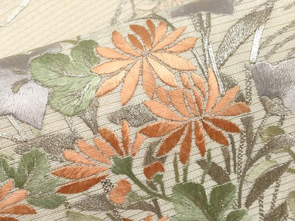 平和屋着物＊夏物　銀座ちた和　太鼓柄袋帯　総刺繍　駒刺繍　流水秋草文　銀糸　たとう紙付き　正絹　逸品　CABJ5818tx