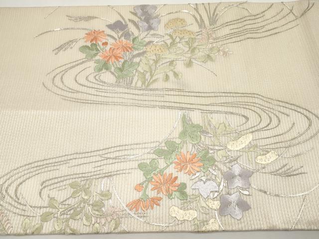 平和屋着物＊夏物　銀座ちた和　太鼓柄袋帯　総刺繍　駒刺繍　流水秋草文　銀糸　たとう紙付き　正絹　逸品　CABJ5818tx