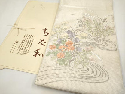 平和屋着物＊夏物　銀座ちた和　太鼓柄袋帯　総刺繍　駒刺繍　流水秋草文　銀糸　たとう紙付き　正絹　逸品　CABJ5818tx