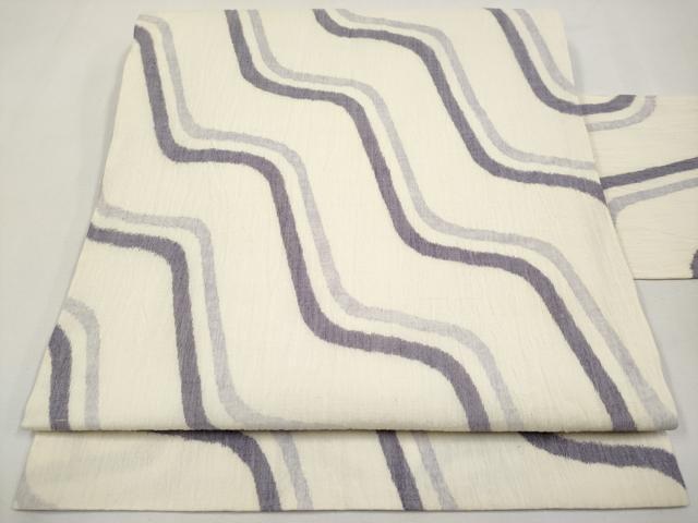 平和屋着物＊夏物　全通　九寸名古屋帯　本場小千谷ちぢみ　よろけ縞　麻　逸品　CABJ5834tx