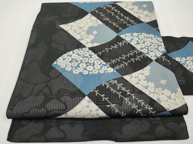 平和屋着物＊夏物　九寸名古屋帯　瓦花文　黒地　正絹　逸品　CABJ5836tx
