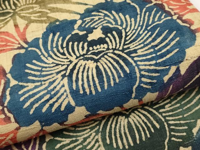 平和屋着物＊夏物　全通柄　九寸名古屋帯　型染め　生紬　牡丹唐草文　正絹　逸品　未使用　CABJ5842tx