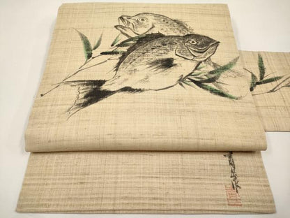 平和屋着物＊夏物　九寸名古屋帯　作家物　手描き　紬地　魚　正絹　逸品　CABJ5844tx