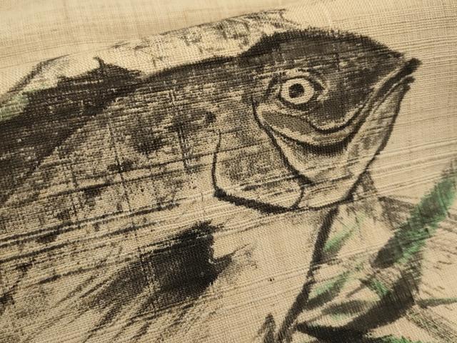 平和屋着物＊夏物　九寸名古屋帯　作家物　手描き　紬地　魚　正絹　逸品　CABJ5844tx