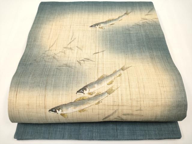 平和屋着物＊夏物　染色作家　桐山紫香　手描き　九寸開き名古屋帯　鮎　麻　逸品　CABJ5853tx