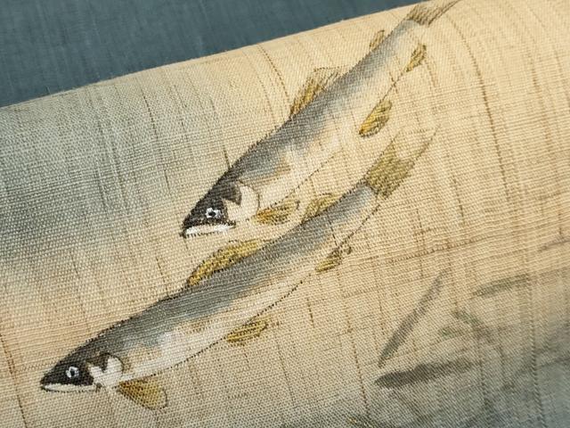 平和屋着物＊夏物　染色作家　桐山紫香　手描き　九寸開き名古屋帯　鮎　麻　逸品　CABJ5853tx