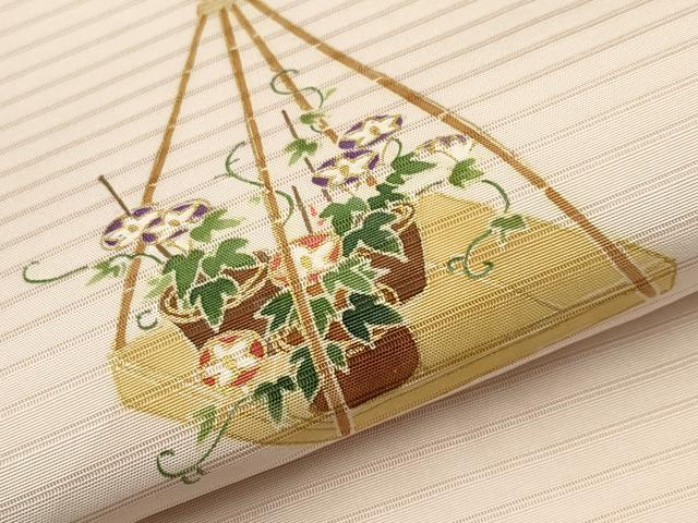 平和屋着物＊夏物　絽塩瀬　九寸名古屋帯　朝顔　金彩　正絹　逸品　CABJ5864tx