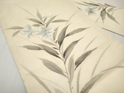 平和屋着物＊夏物　九寸名古屋帯　作家物　手描き　刺繍　草花文　銀彩　正絹　逸品　CABJ5872tx