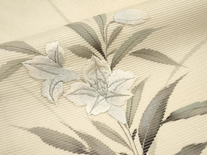 平和屋着物＊夏物　九寸名古屋帯　作家物　手描き　刺繍　草花文　銀彩　正絹　逸品　CABJ5872tx