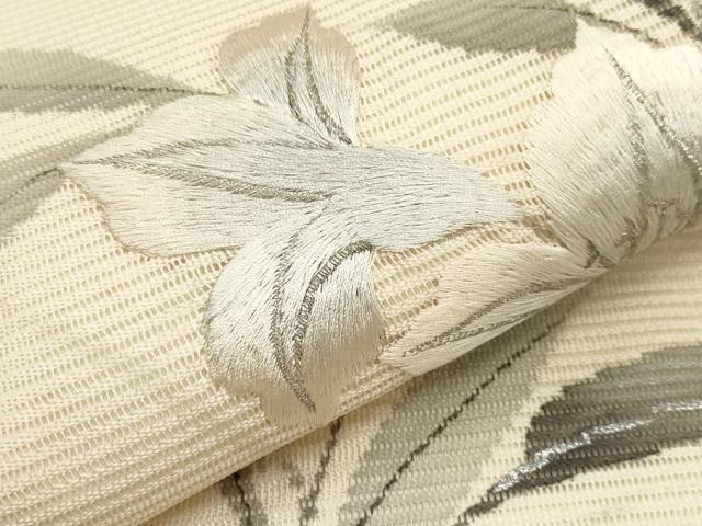 平和屋着物＊夏物　九寸名古屋帯　作家物　手描き　刺繍　草花文　銀彩　正絹　逸品　CABJ5872tx