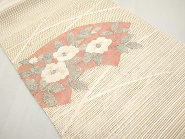 平和屋着物＊夏物　八寸名古屋帯　絽綴れ　地紙枝椿　銀糸　正絹　逸品　CABJ5873tx