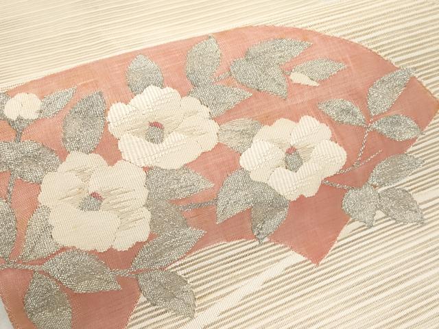 平和屋着物＊夏物　八寸名古屋帯　絽綴れ　地紙枝椿　銀糸　正絹　逸品　CABJ5873tx