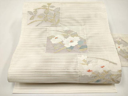 平和屋着物＊夏物　八寸名古屋帯　絽綴れ　色紙枝花文　金銀糸　正絹　逸品　CABJ5877tx